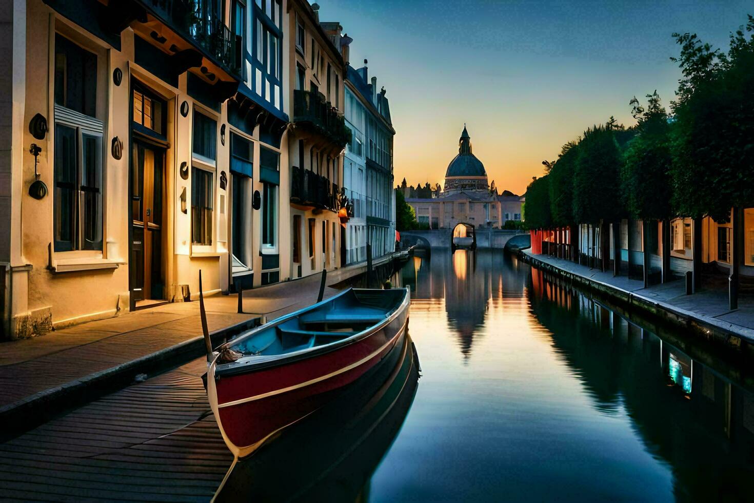 un' barca si siede su un' canale a tramonto. ai-generato foto