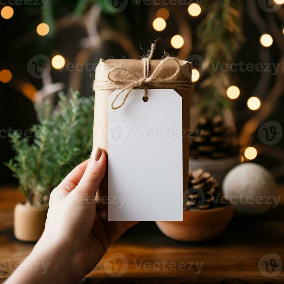 Natale regalo etichetta modello. femmina mano Tenere Natale regalo scatola con vuoto carta etichetta. ai generativo foto