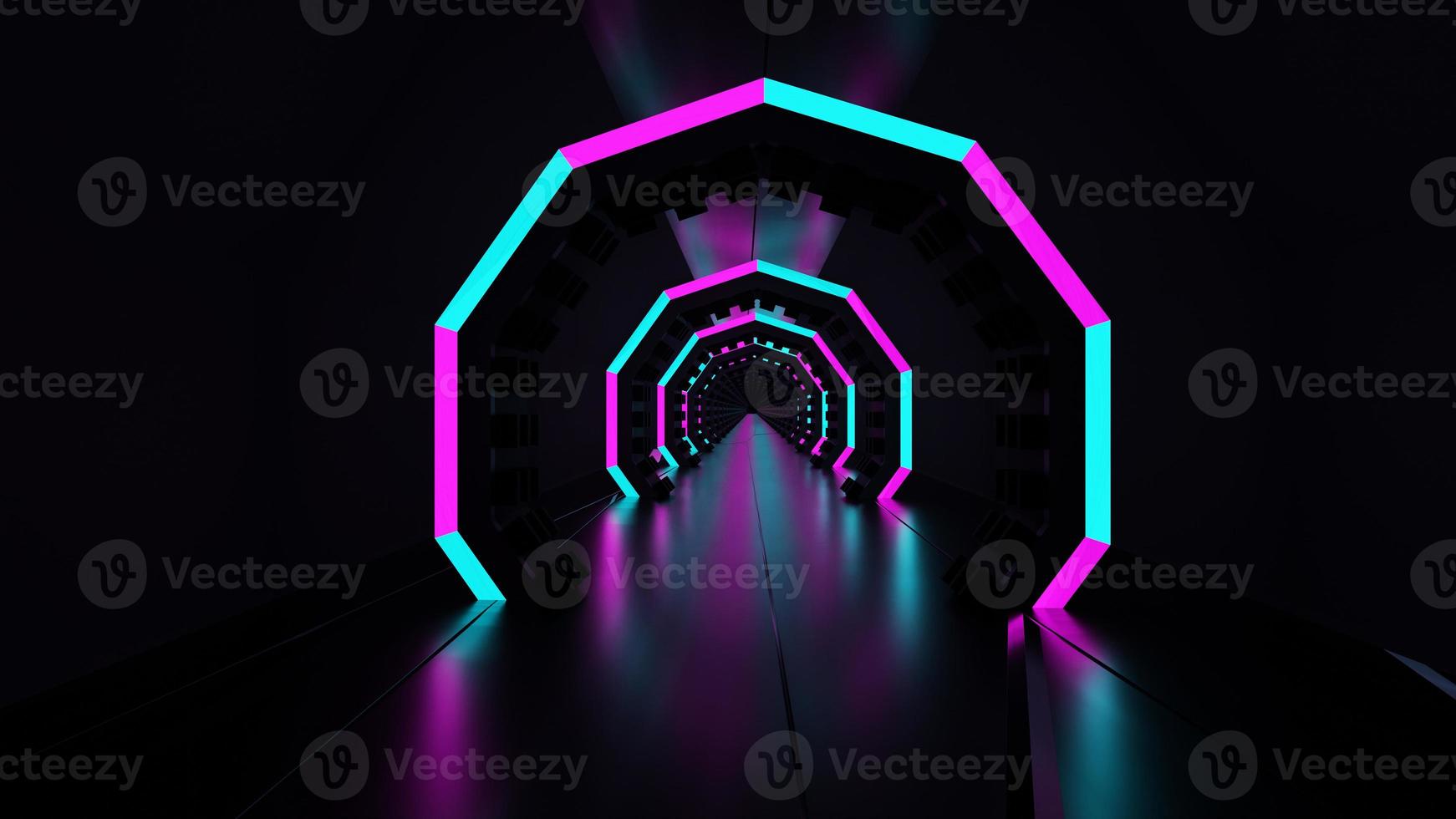 3d rendering tunnel al neon scuro luce led astratta rosa blu luminosa foto