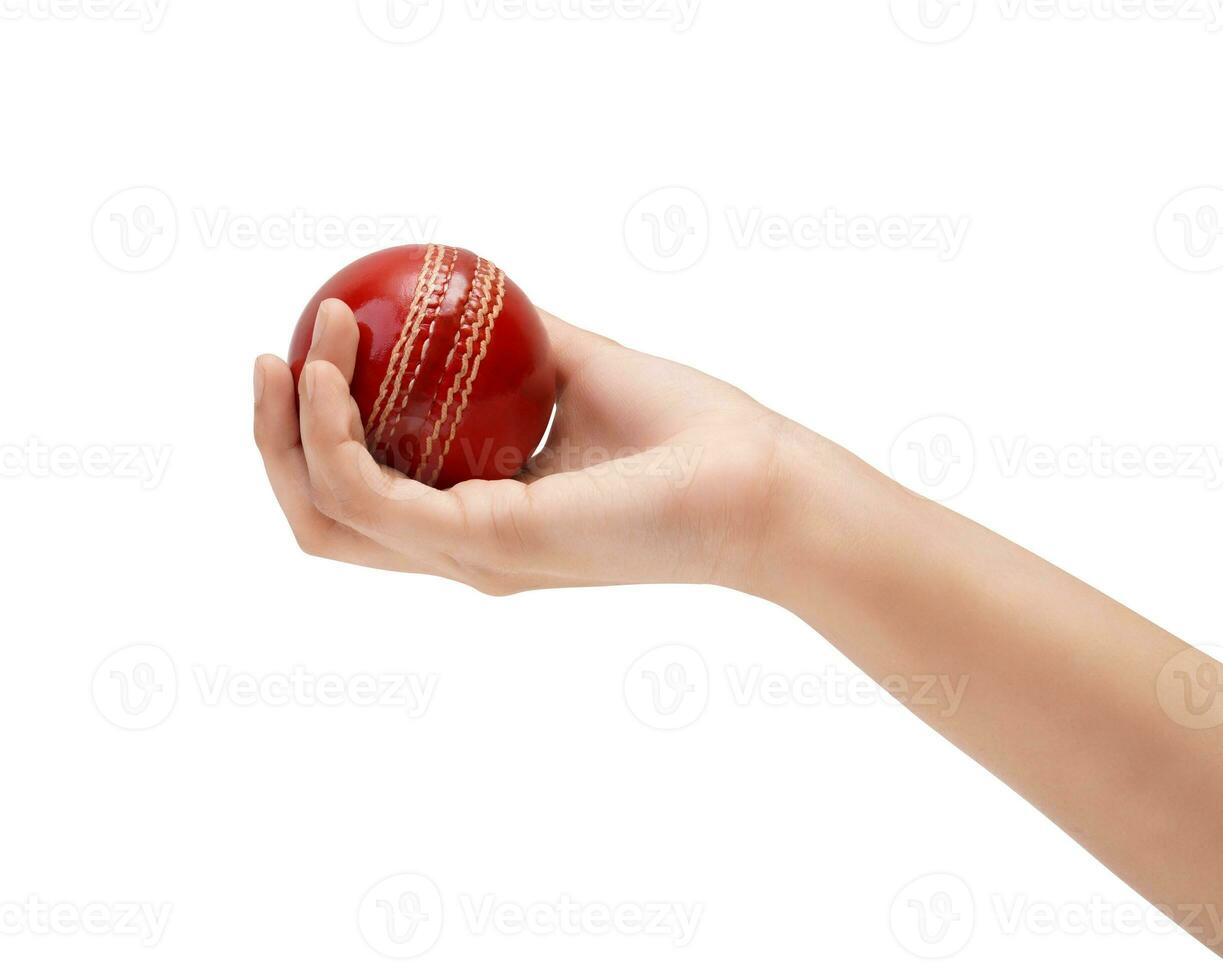 un' femmina mano Tenere un' rosso test incontro pelle punto cricket palla avvicinamento foto bianca sfondo