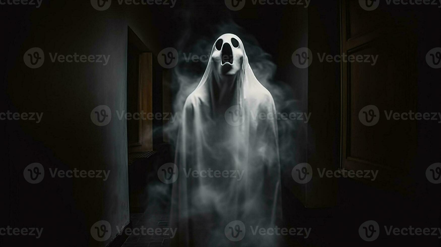 Halloween fantasma nel spaventoso vuoto Casa, buio misterioso sfondo. ai generato. foto