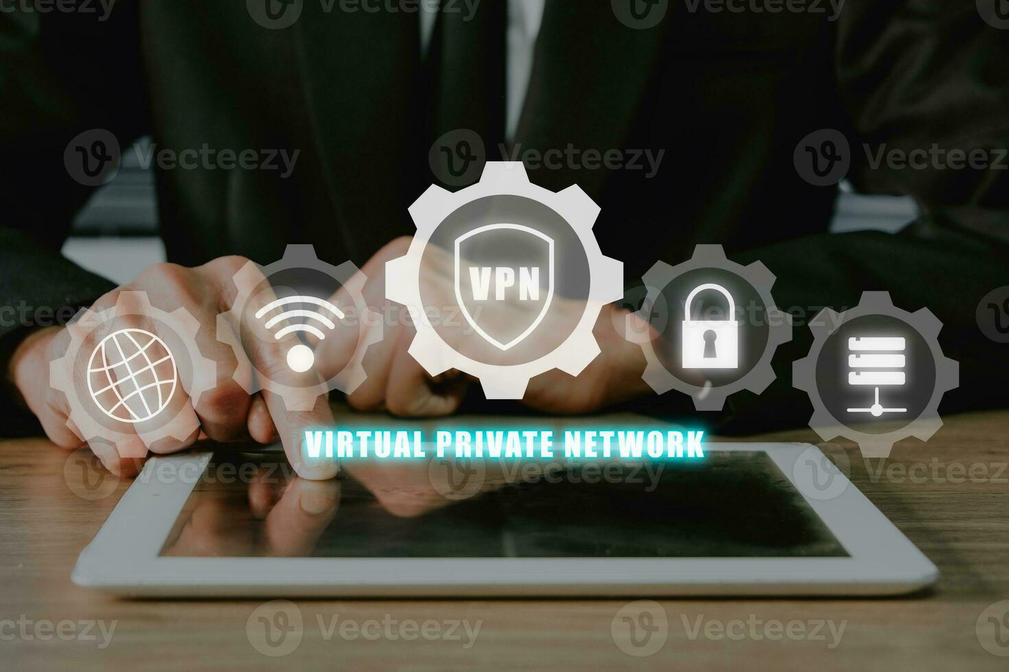 vpn virtuale privato Rete protocollo concetto, uomo mano utilizzando digitale tavoletta con vpn icona su vr schermo. foto