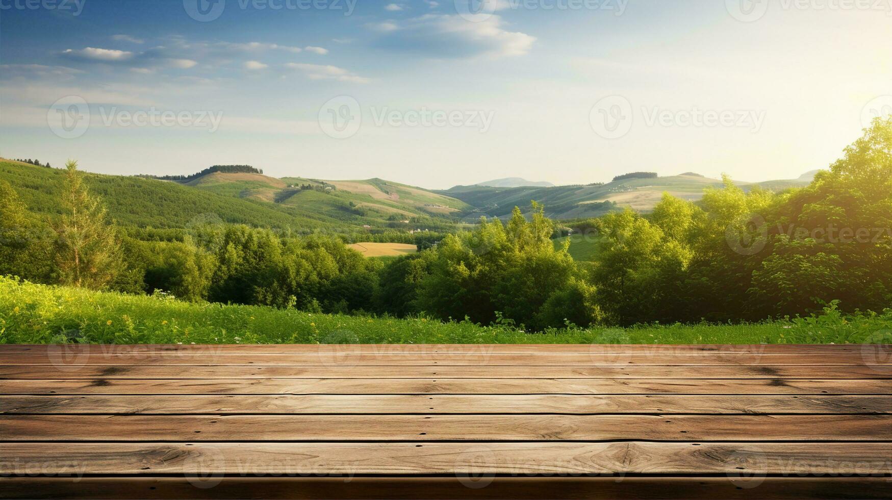 di legno tavolo, montagna e verde campo nel sfondo. generativo ai foto