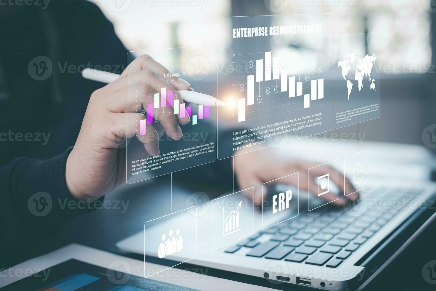 Lavorando dati analitica e dati gestione sistemi e metrica collegato per aziendale strategia Banca dati per finanza, intelligenza, attività commerciale analitica con chiave prestazione indicatori, sociale Rete foto