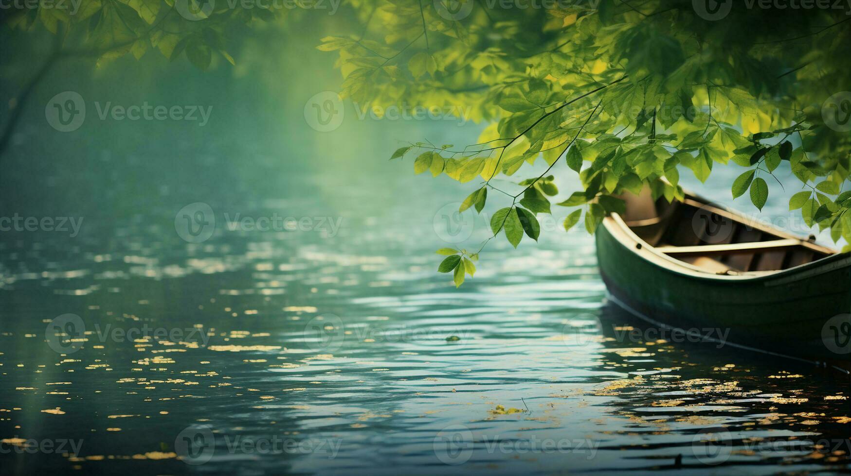 barca e le foglie su il superficie di acqua, lago o stagno. generativo ai foto