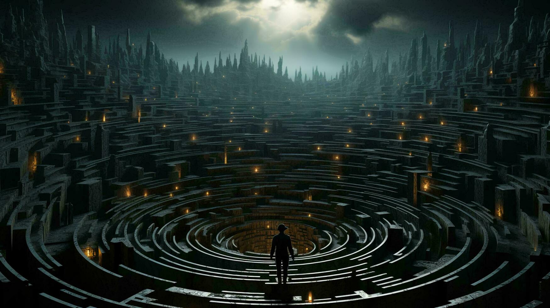 un' uomo sta nel un' labirinto e pensa, Visualizza a partire dal il Indietro. il concetto di difficoltà nel fabbricazione un' decisione foto
