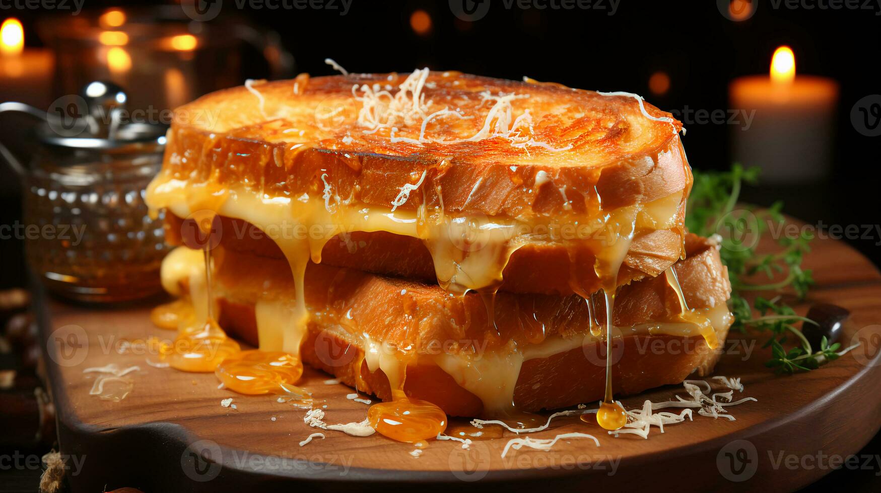 delizioso croccante formaggio Sandwich su un' piatto su il tavolo foto