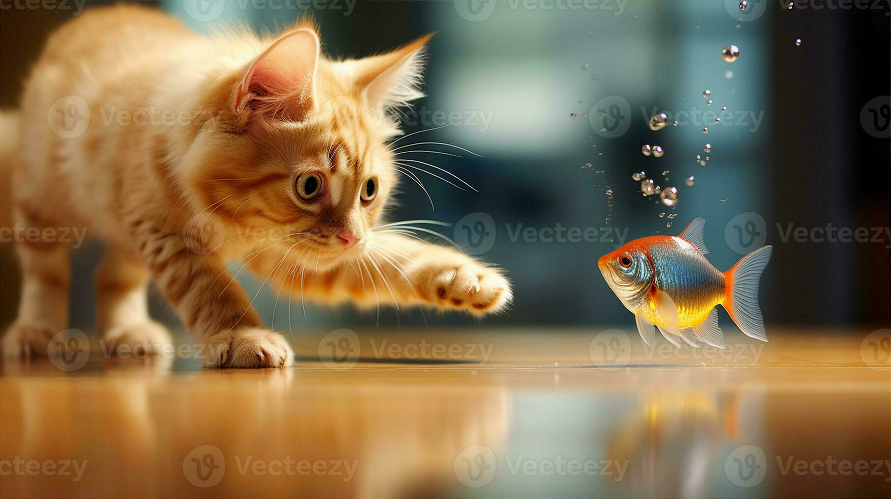 gatti zampa scherzosamente maschiatura un' in movimento pesce rosso nel un' chiaro ciotola, in mostra il di predatore giocoso lato. generativo ai foto