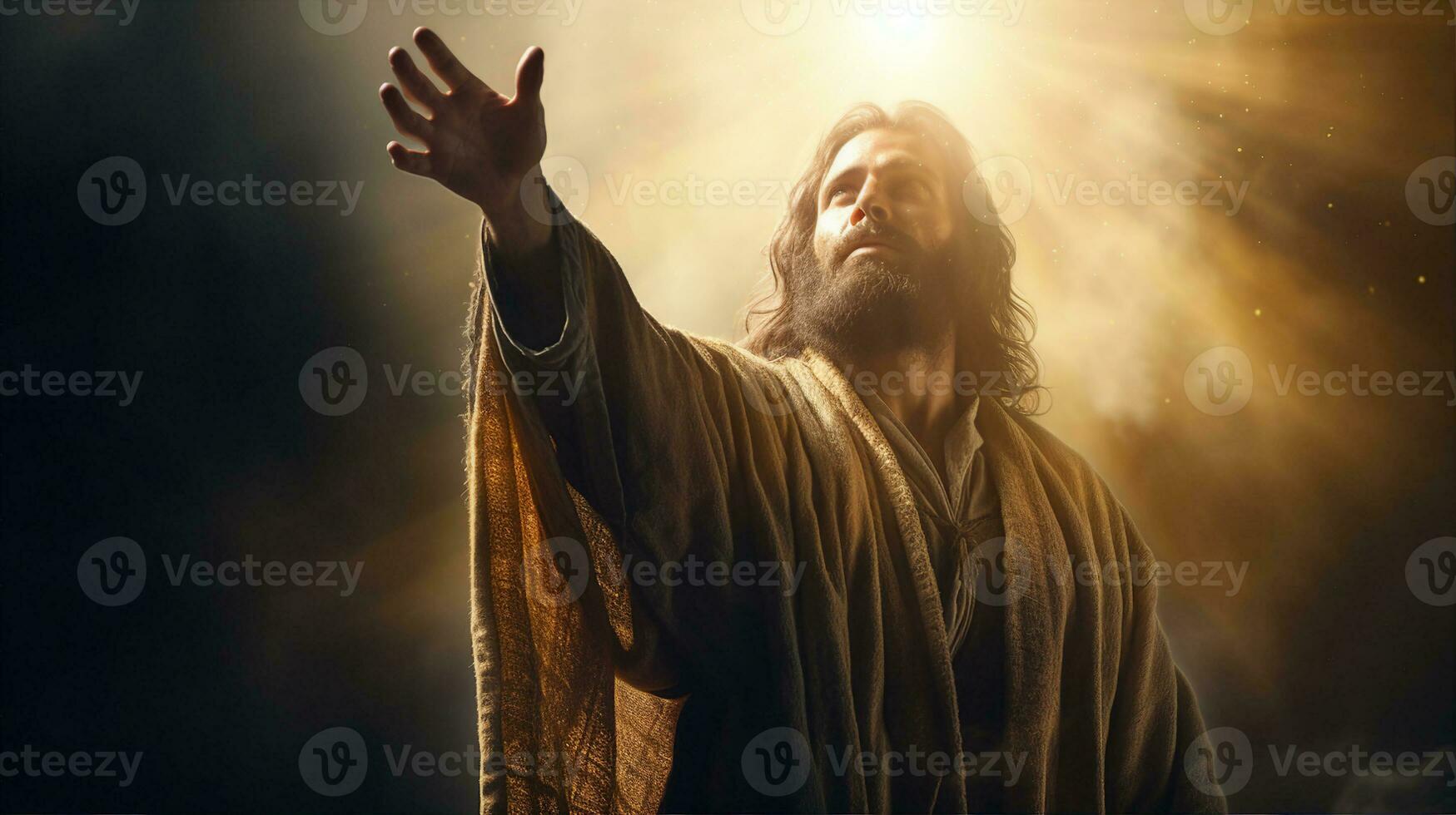 mani di Dio, Gesù guarigione e pregando, leggero nel Aperto palme. generativo ai foto