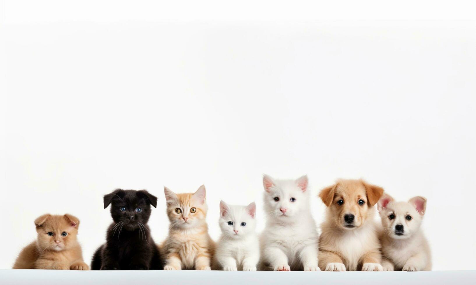 ai generato fondale con immagini di carino animali domestici, cuccioli e gattini seduta insieme su un' bianca sfondo. foto