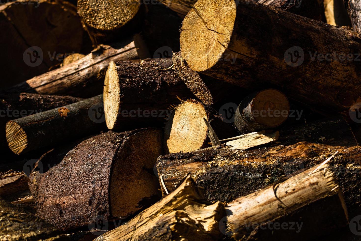 legna secca tagliata e accatastata. mucchio di legname da segare. foto