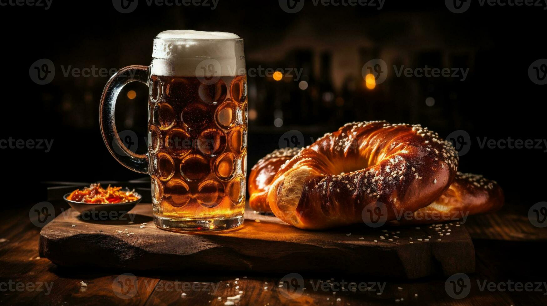 oktoberfest birra e salatini su un' di legno tavolo foto