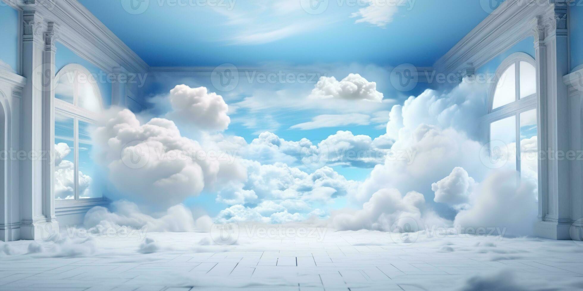 generativo ai, bianca blu fantastico 3d nuvole nel il camera interno, cielo e paesaggio. dolce colori e con luminosa luci.. foto
