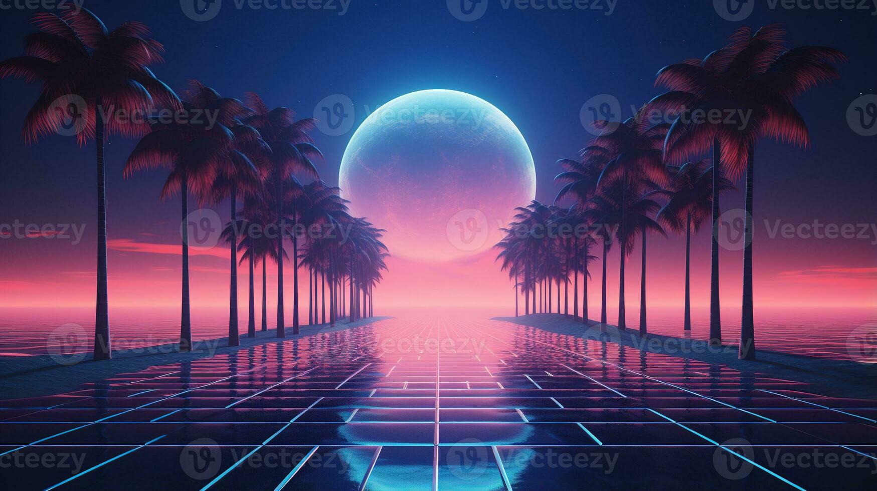 generativo ai, anni 80 retrò futuristico fantascienza., nostalgico anni 90. notte e tramonto neon colori, cyberpunk Vintage ▾ illustrazione. sole, montagne e palme. retrowave vj video gioco paesaggio.. foto