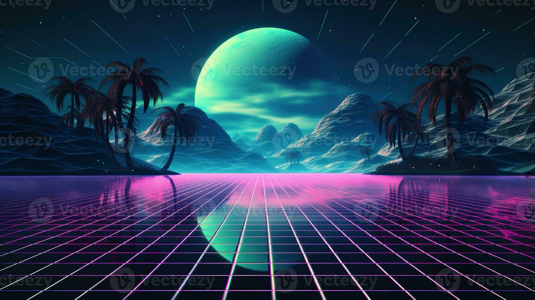 generativo ai, anni 80 retrò futuristico fantascienza., nostalgico anni 90. notte e tramonto neon colori, cyberpunk Vintage ▾ illustrazione. sole, montagne e palme. retrowave vj video gioco paesaggio.. foto