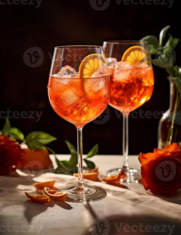 foto di alcuni aperol spritz bevanda elegantemente plated su un' tavolo. generativo ai