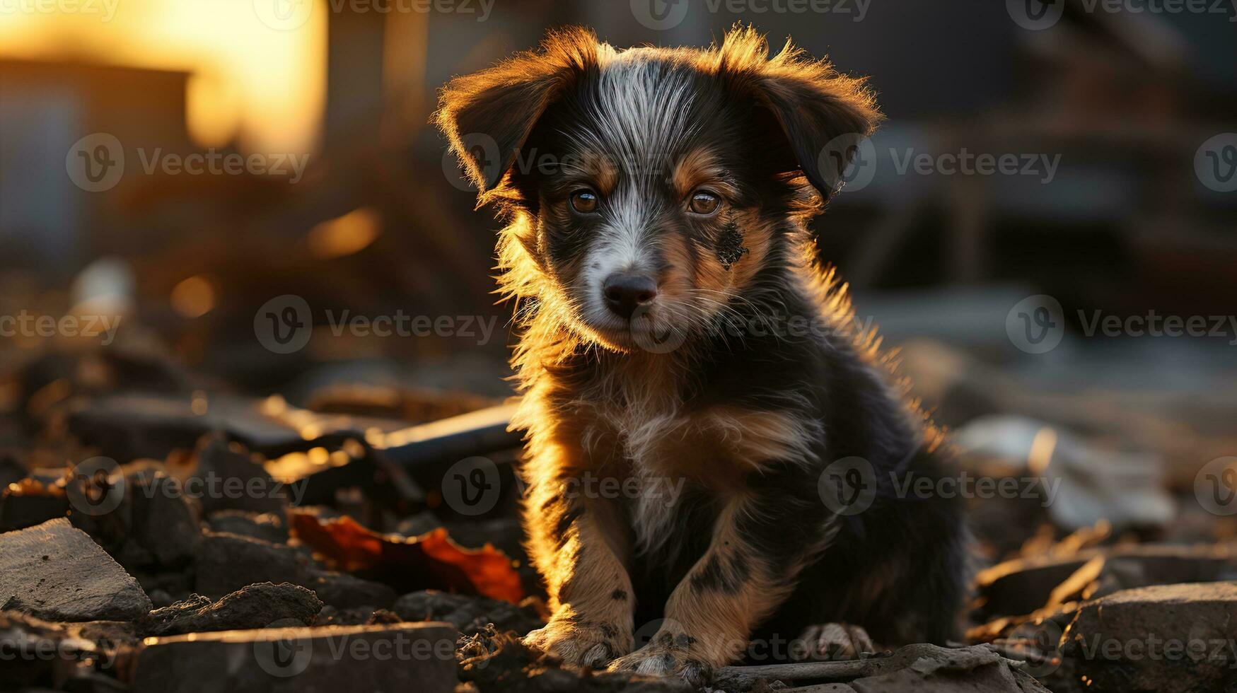 vagante cucciolo su un' danneggiato strada nel pomeriggio leggero - un' potente Immagine per animale diritti difesa, vagante cane, ai generativo foto