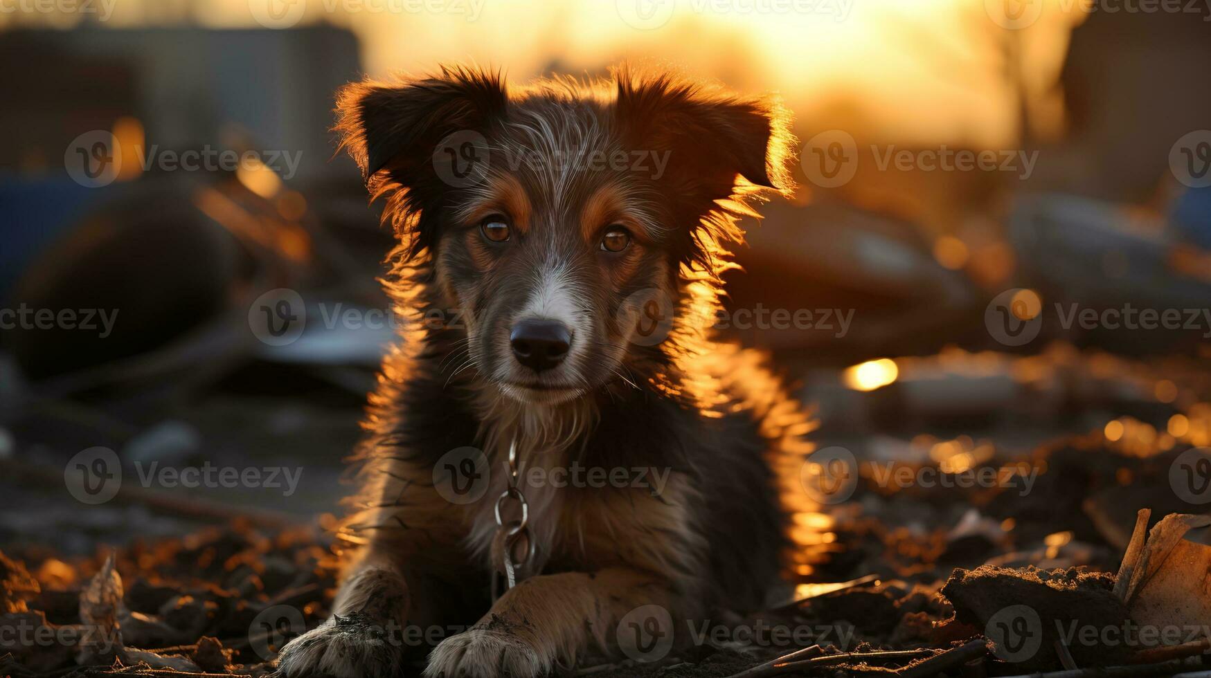 vagante cucciolo su un' danneggiato strada nel pomeriggio leggero - un' potente Immagine per animale diritti difesa, vagante cane, ai generativo foto