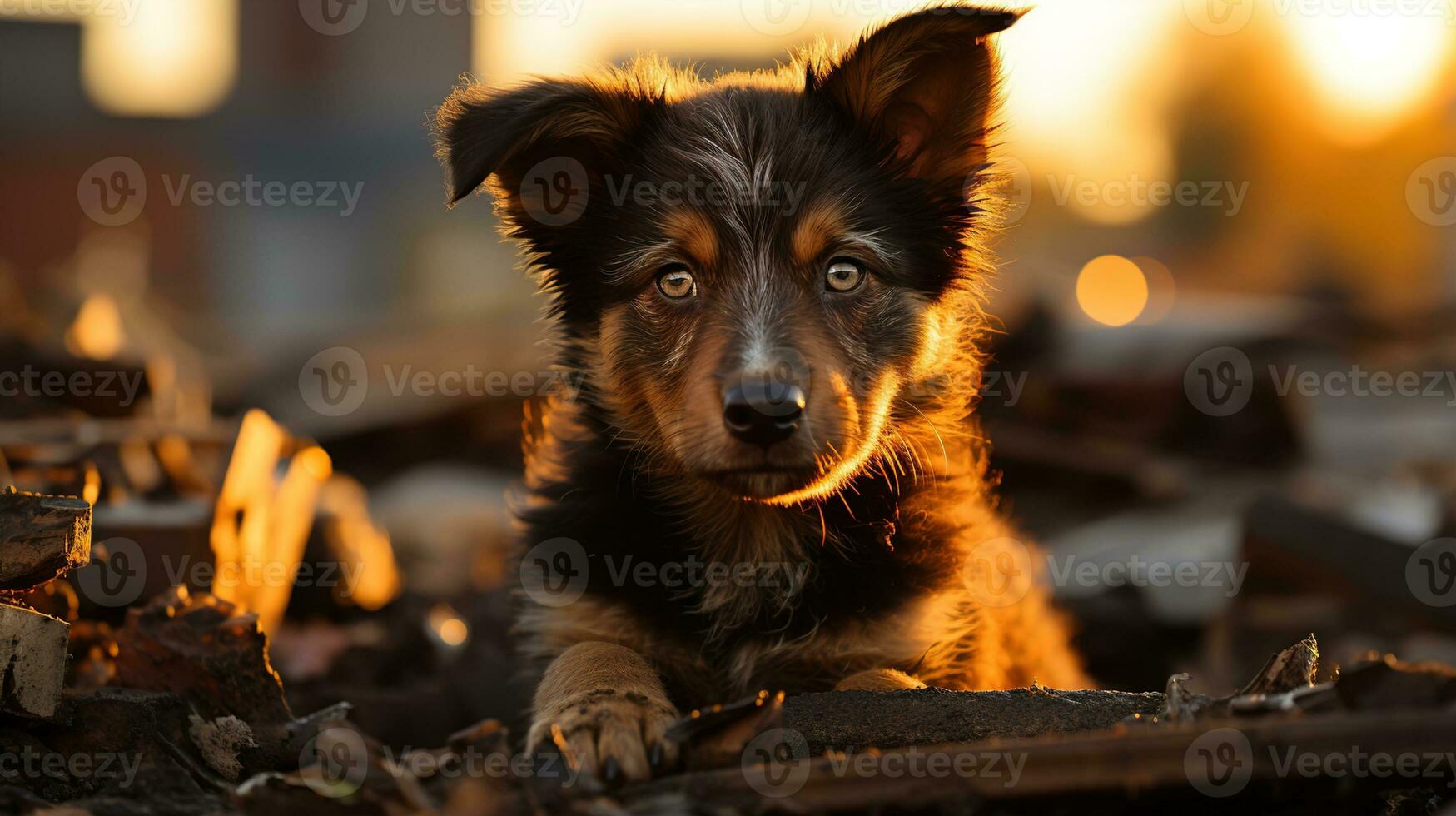 vagante cucciolo su un' danneggiato strada nel pomeriggio leggero - un' potente Immagine per animale diritti difesa, vagante cane, ai generativo foto