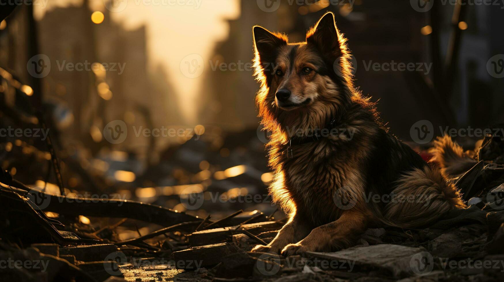 vagante cane su un' danneggiato strada nel pomeriggio leggero - un' potente Immagine per animale diritti difesa, ai generativo foto