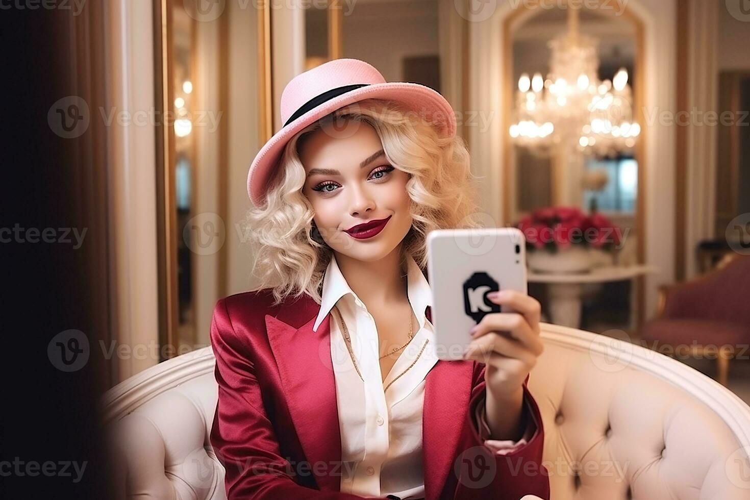 Barbie stile giovane donna influencer con smartphone, generativo ai foto