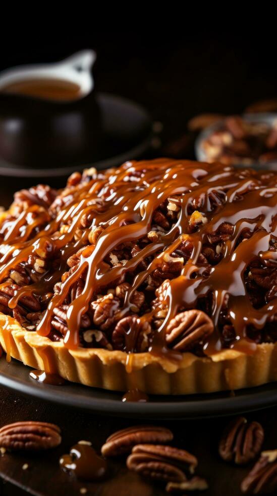 pecan torta con caramello pioggerella un' dolce e nocciola diletto foto