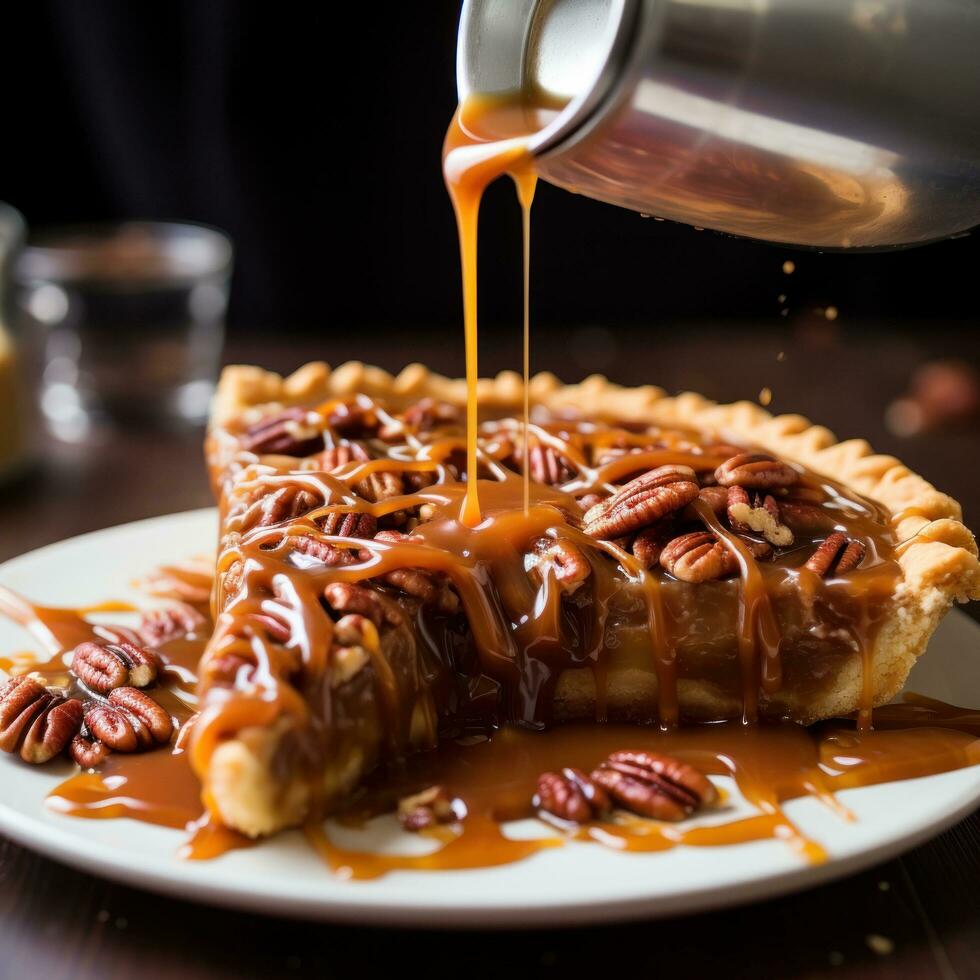 pecan torta con caramello pioggerella un' dolce e nocciola diletto foto