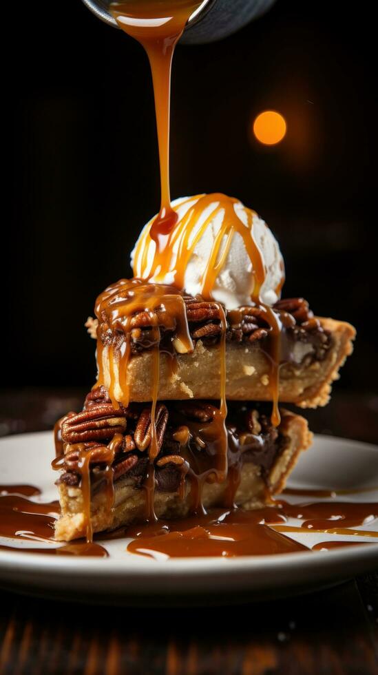 pecan torta con caramello pioggerella un' dolce e nocciola diletto foto