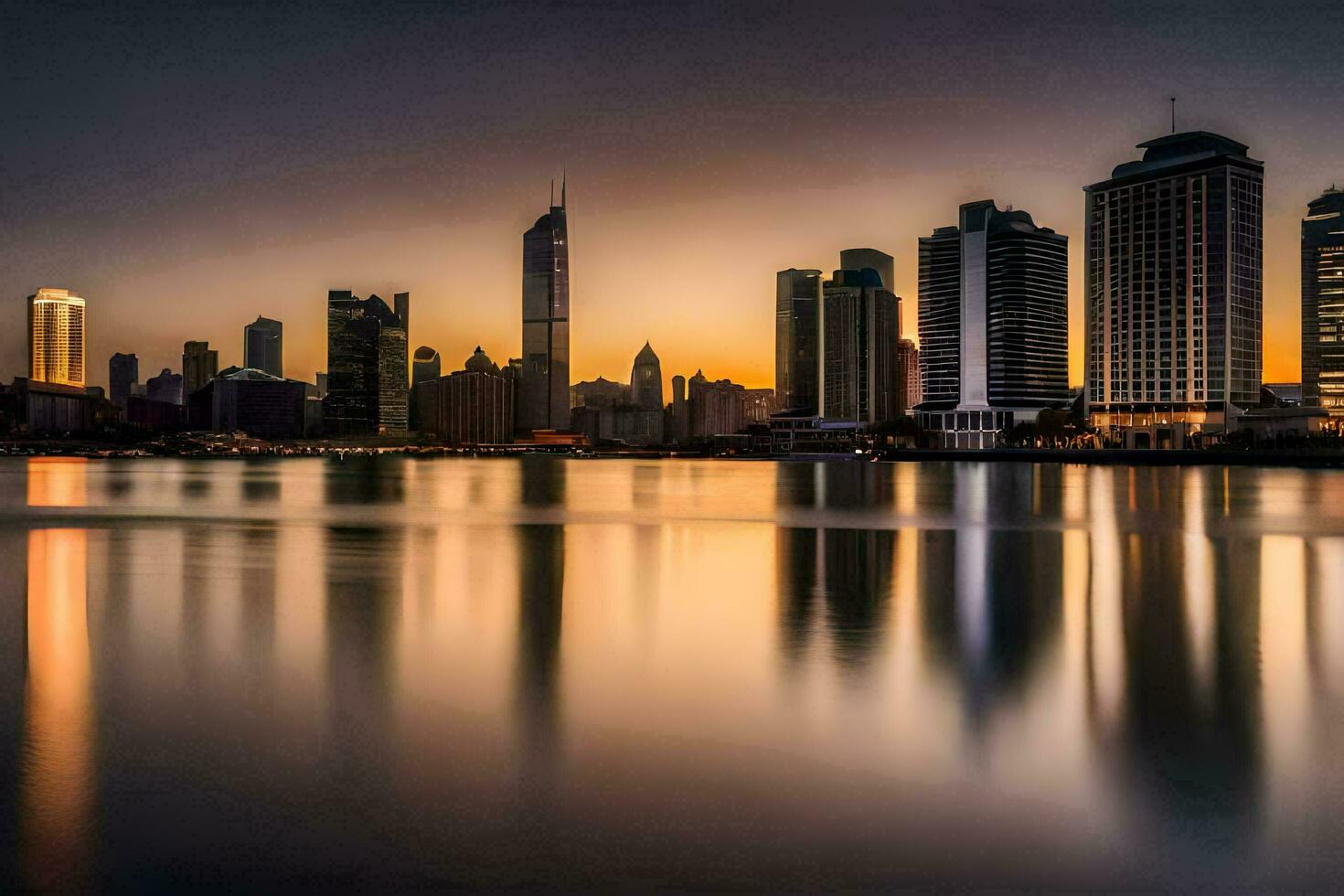 il città orizzonte è riflessa nel il acqua a tramonto. ai-generato foto