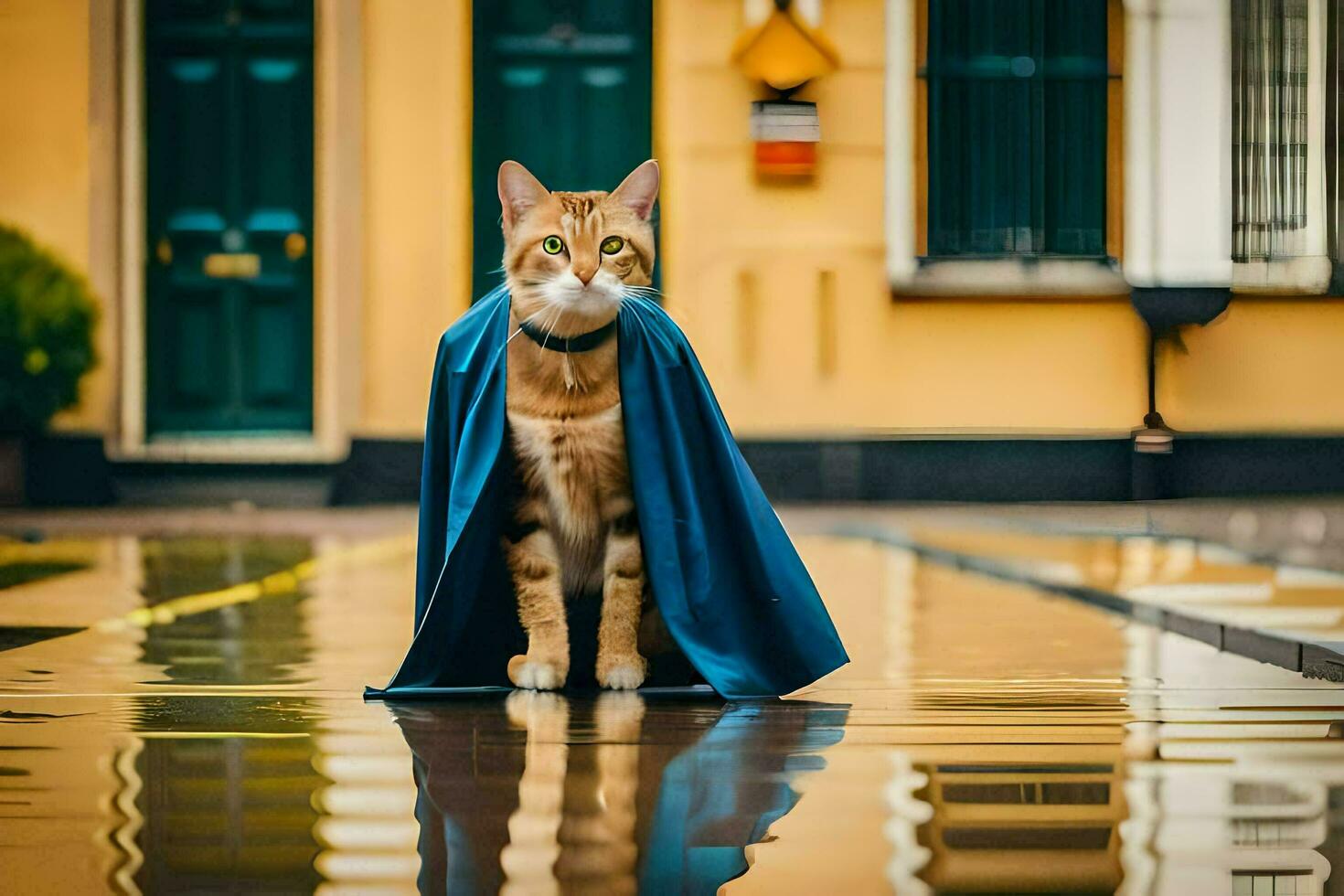 un' gatto indossare un' capo su un' piovoso strada. ai-generato foto