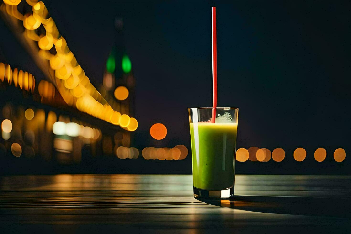 un' bicchiere di verde succo seduta su un' tavolo nel davanti di un' ponte. ai-generato foto