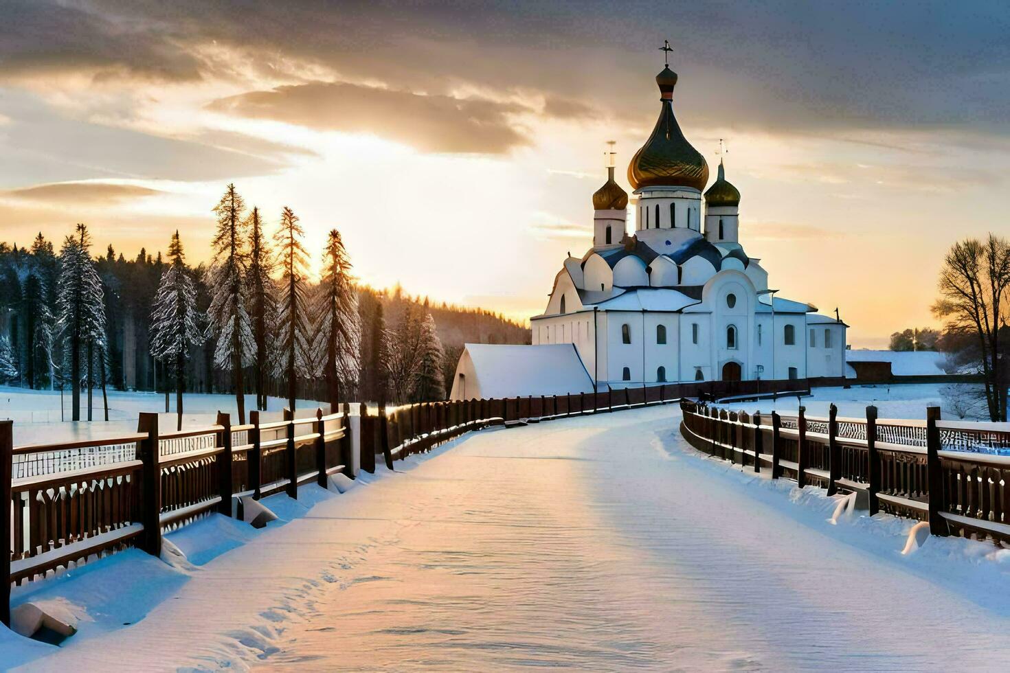 un' Chiesa nel il neve con un' ponte. ai-generato foto