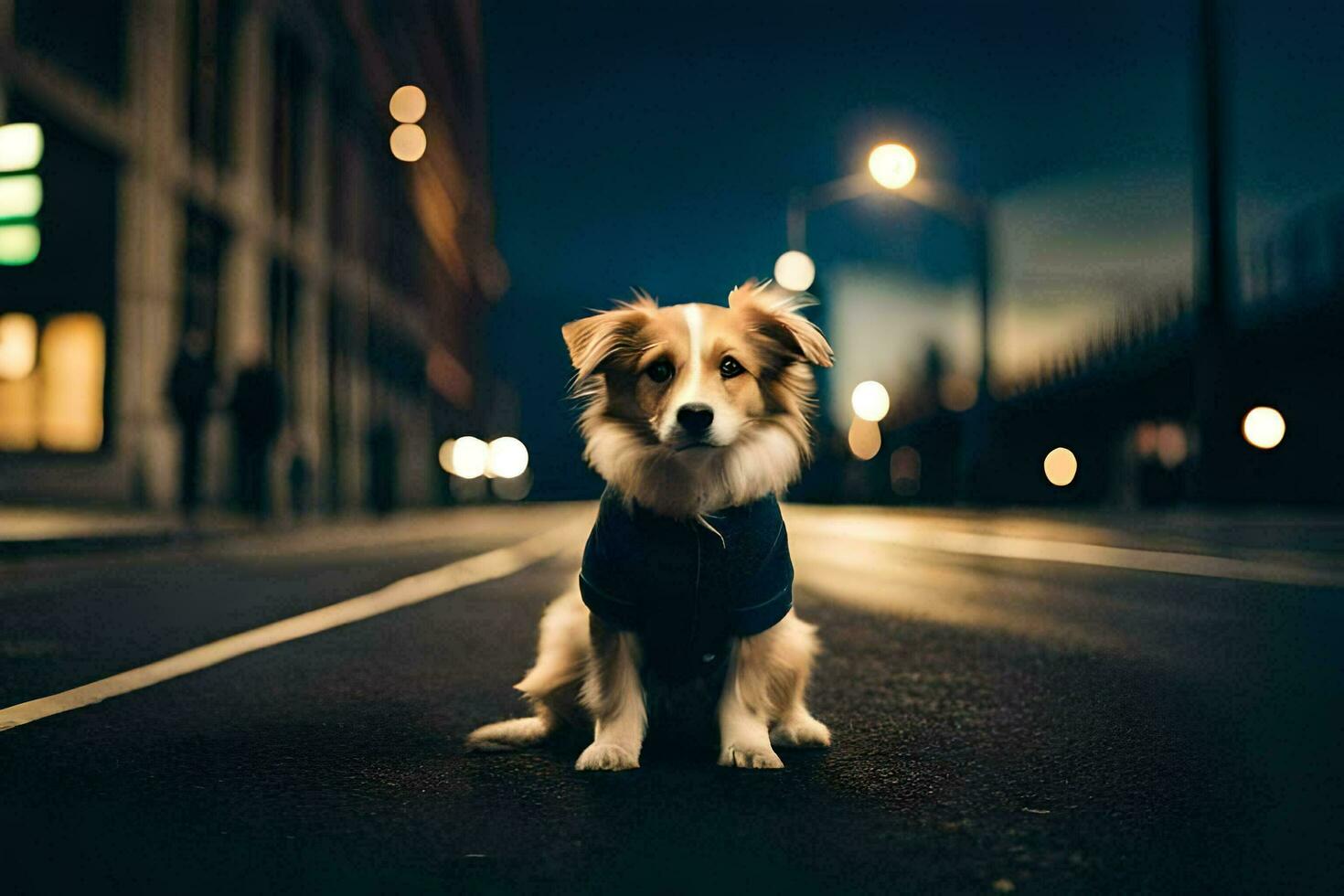 un' cane seduta su il strada a notte. ai-generato foto