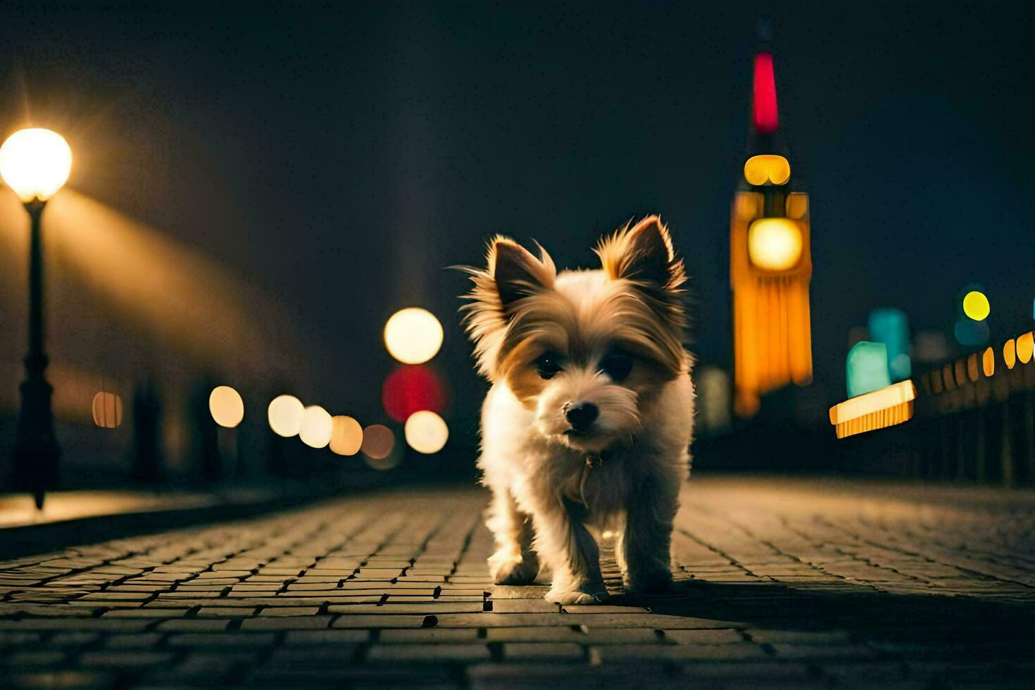 un' piccolo cane è a piedi su un' strada a notte. ai-generato foto