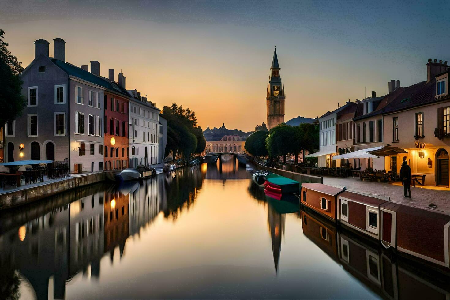 un' canale nel il mezzo di un' città a tramonto. ai-generato foto