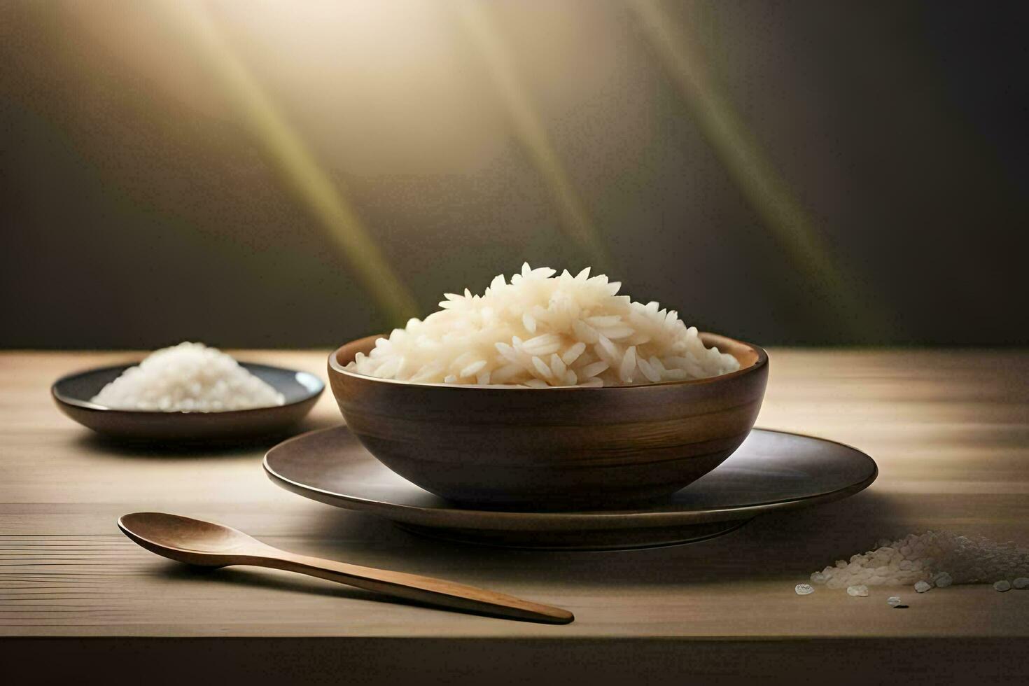 un' ciotola di riso e un' cucchiaio su un' di legno tavolo. ai-generato foto