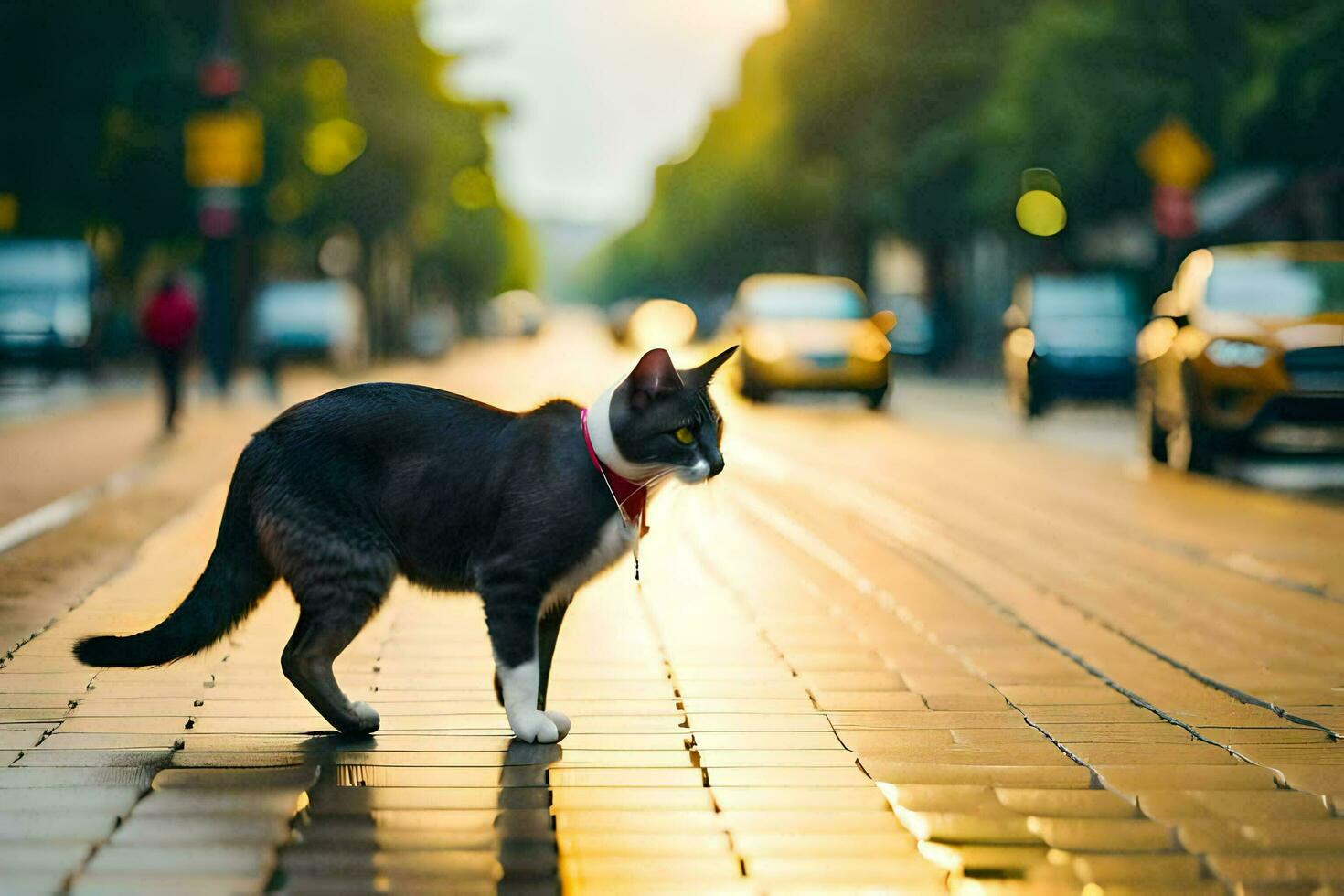 un' gatto a piedi su un' strada a tramonto. ai-generato foto