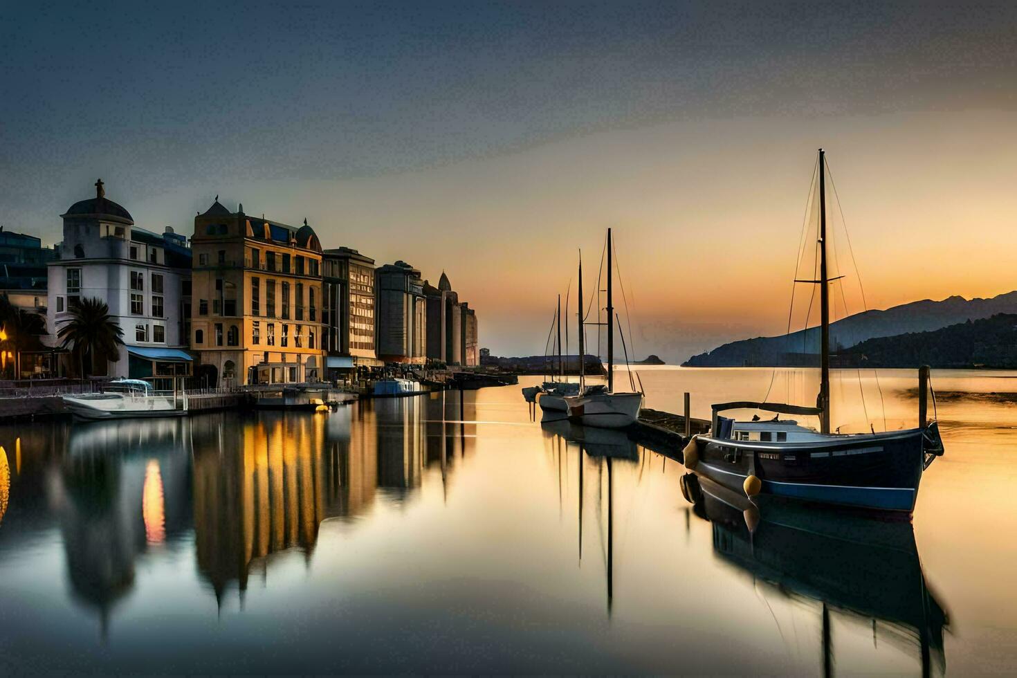 Barche attraccato nel il acqua a tramonto nel un' città. ai-generato foto