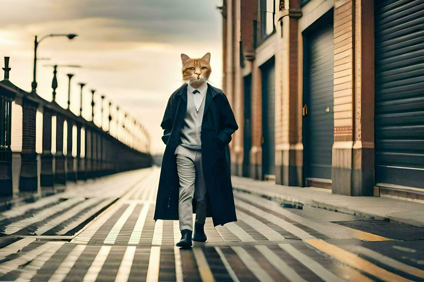 un' gatto indossare un' maschera passeggiate giù un' strada. ai-generato foto