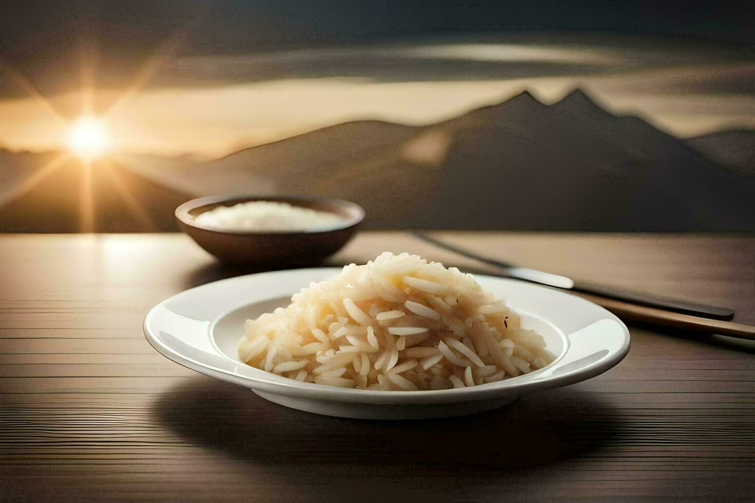 un' piatto di riso con bastoncini e un' ciotola di riso su un' tavolo. ai-generato foto