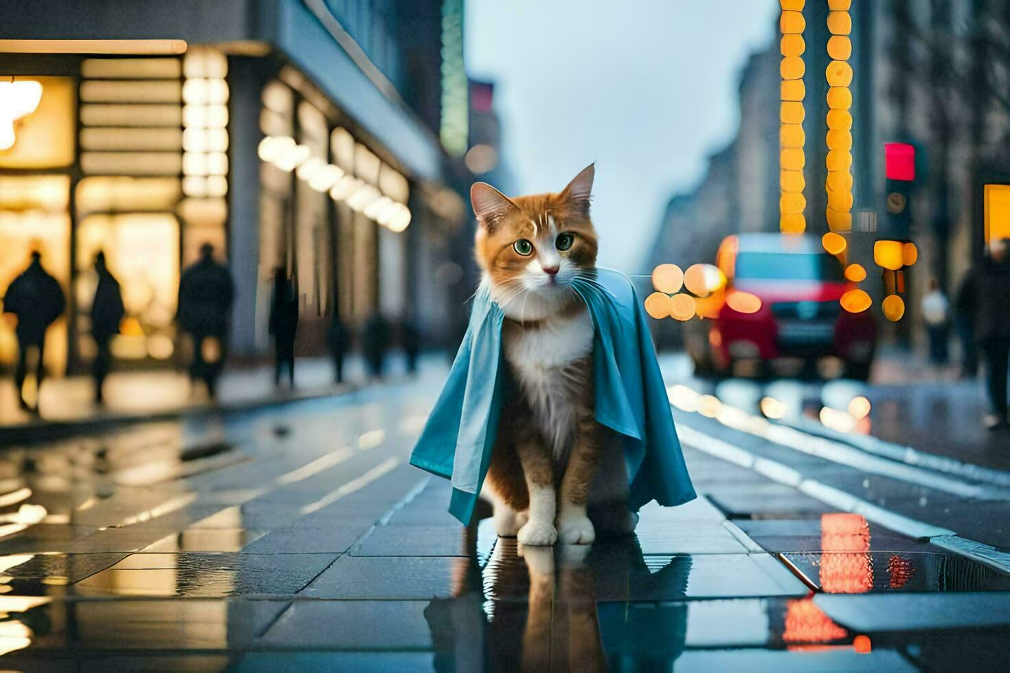 un' gatto indossare un' capo su un' piovoso notte. ai-generato foto