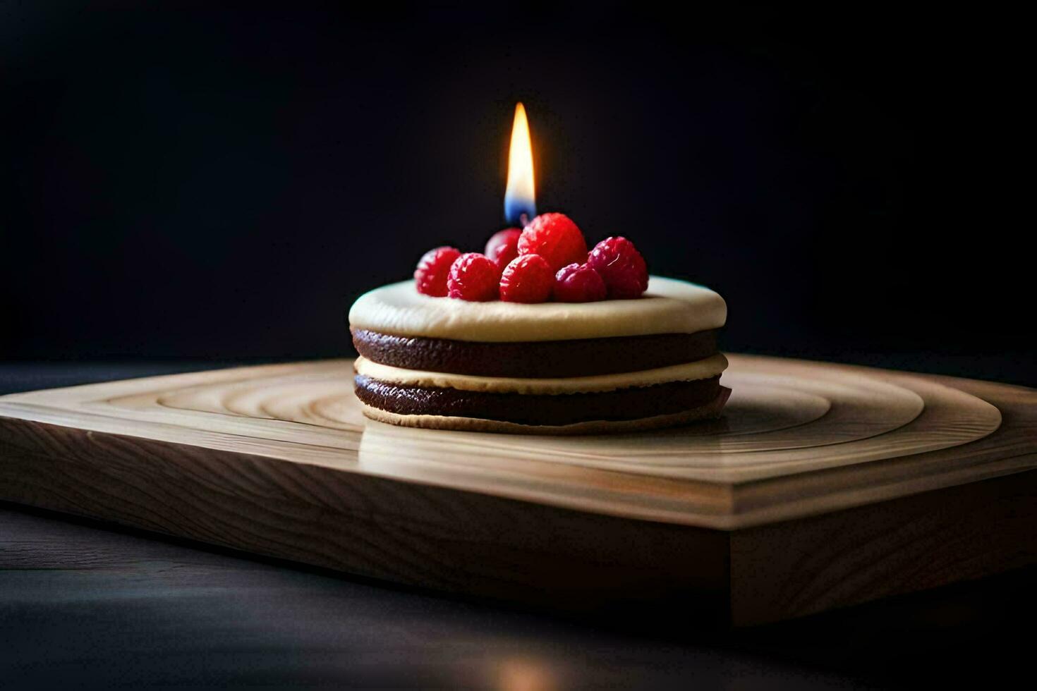 un' piccolo torta con lamponi su superiore. ai-generato foto