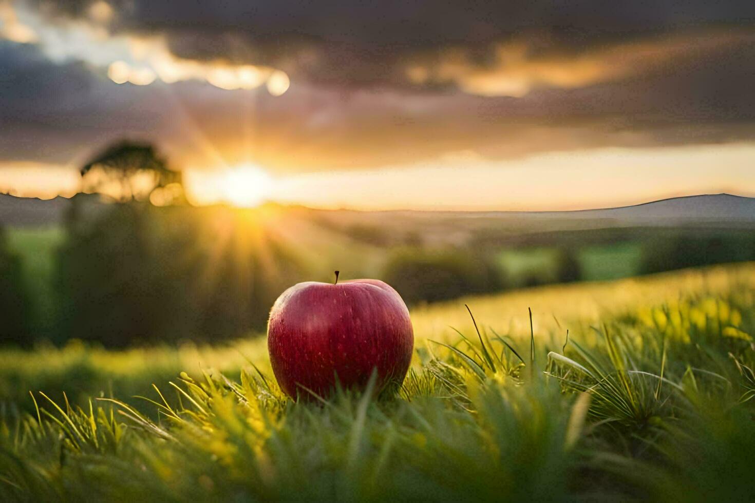 un' rosso Mela nel un' campo a tramonto. ai-generato foto