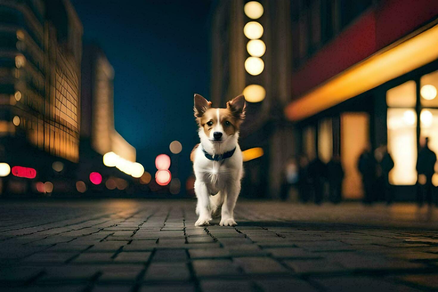 un' cane in piedi su un' mattone strada a notte. ai-generato foto