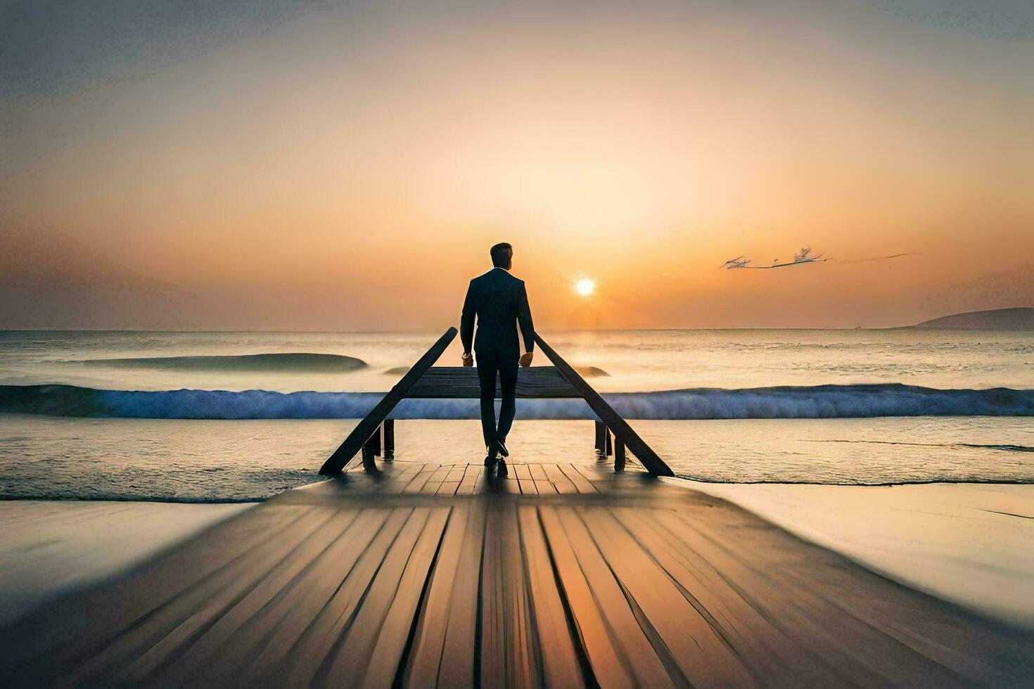 un' uomo in piedi su un' bacino a tramonto. ai-generato foto