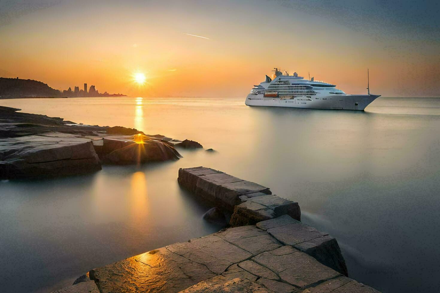 un' lusso yacht nel il oceano a tramonto. ai-generato foto