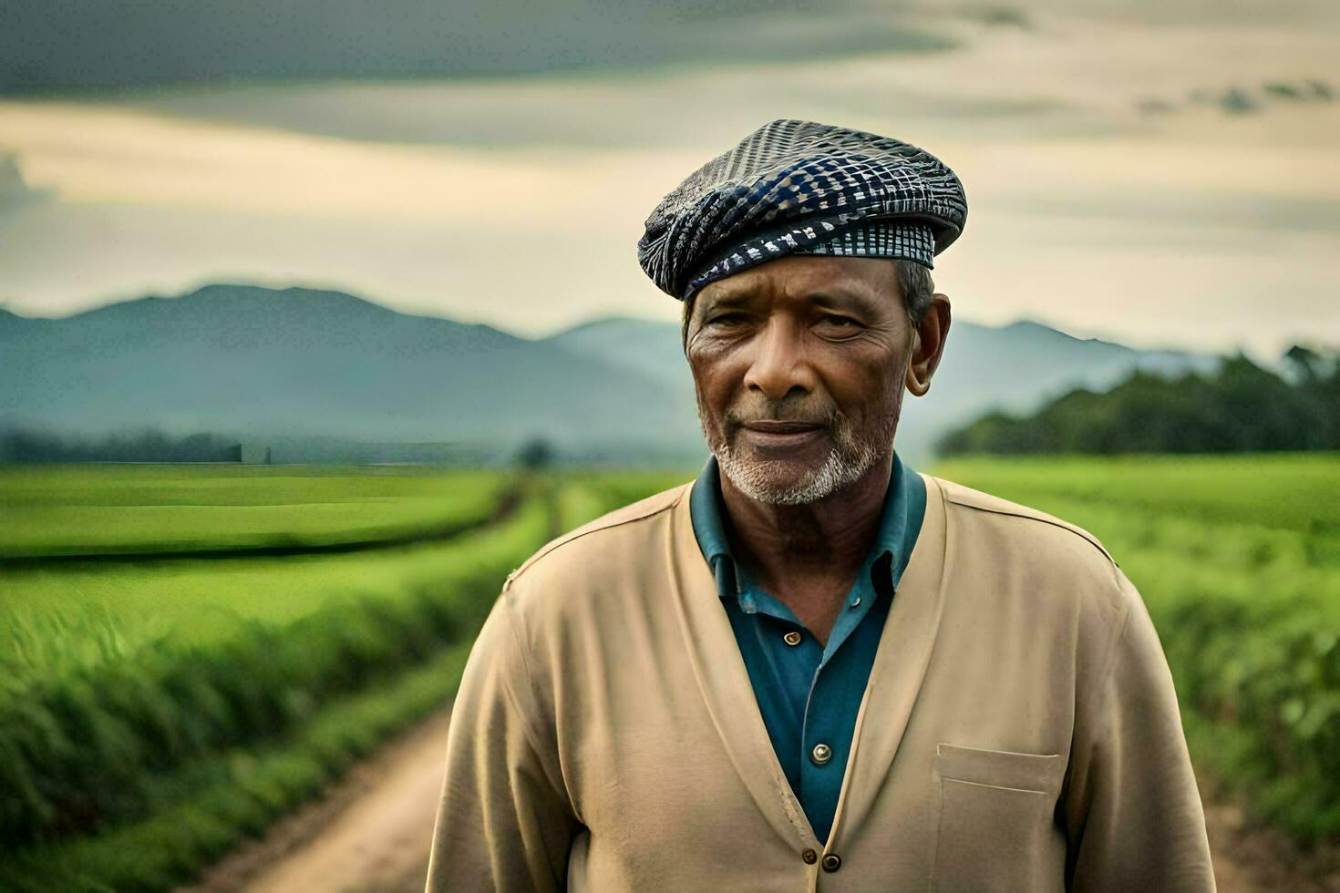 un più vecchio uomo in piedi nel un' campo con montagne nel il sfondo. ai-generato foto