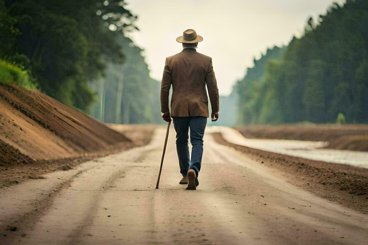 un' uomo a piedi giù un' sporco strada con un' canna. ai-generato foto