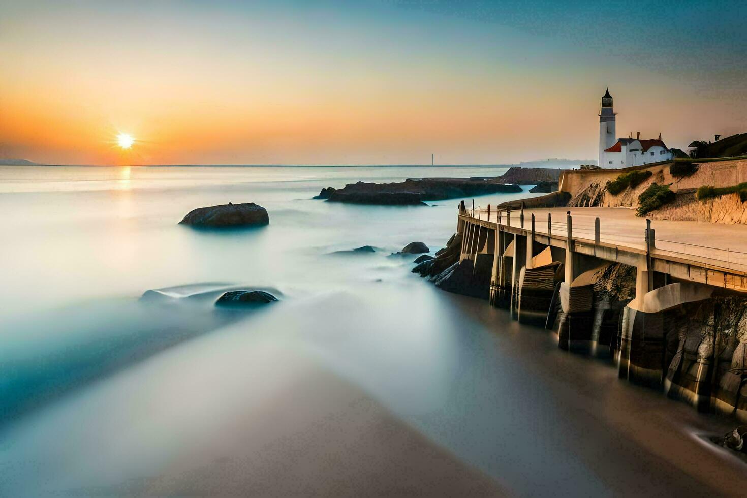 un' faro a tramonto su il costa. ai-generato foto