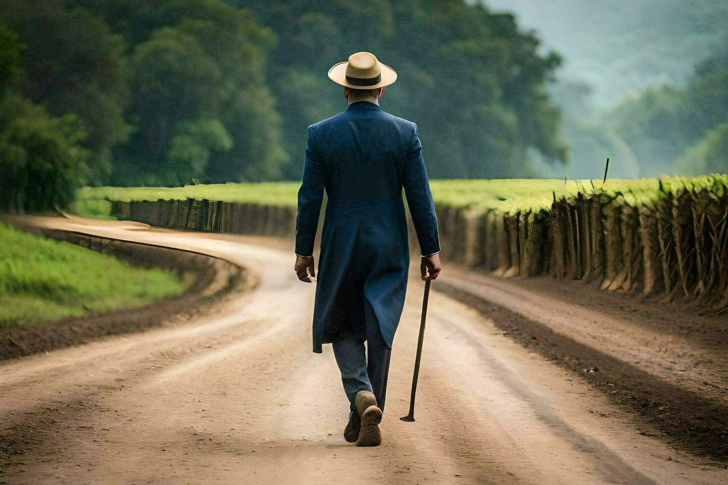 un' uomo nel un' completo da uomo e cappello a piedi giù un' sporco strada. ai-generato foto